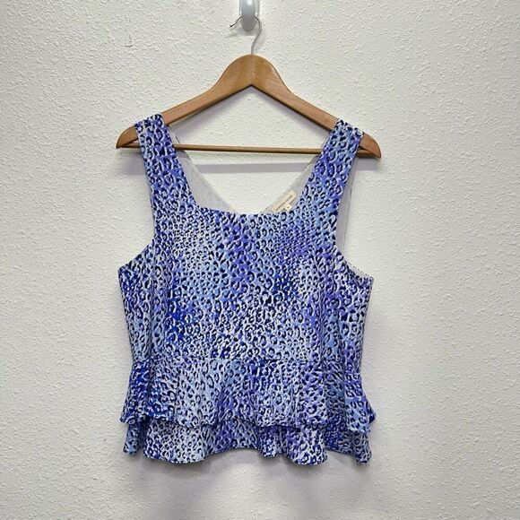 Rebecca Taylor Blue Leopard Print Tiered Peplum Sleeveless Silk Top Size 10 - Picture 1 of 12